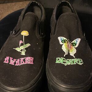 Vans Black Slip-On Kids Sneakers with Floral and Butterfly Art